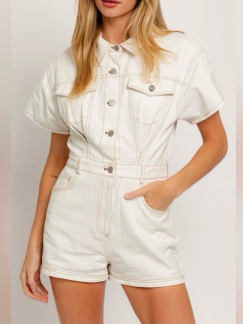 Peach Love California Cream Denim Short Sleeve Romper